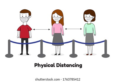 People In Queue Wearing Protection Mask And physical  Distancing Illustration Vector