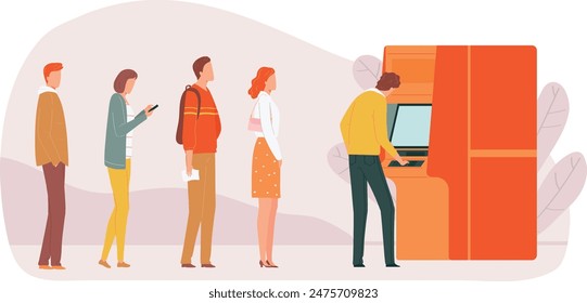 People queueing ATM banking transaction flat design vector illustration. Men women waiting line automatic teller machine finance. Cartoon characters using ATM, casual clothes, modern lifestyle scene