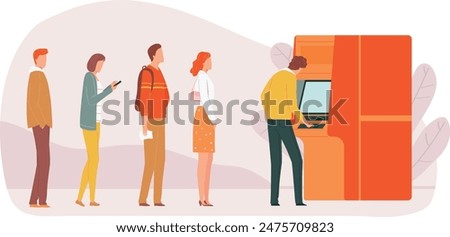 People queueing ATM banking transaction flat design vector illustration. Men women waiting line automatic teller machine finance. Cartoon characters using ATM, casual clothes, modern lifestyle scene