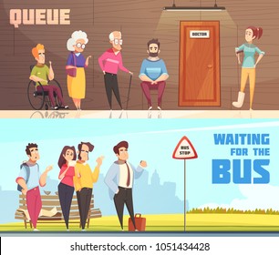 People in queues in doctors waiting room and at bus stop 2 horizontal banners isolated vector illustration  