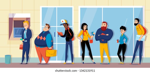 People queuing in bank lining up for atm cash machine waiting messaging flat horizontal composition vector illustration