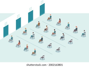 People are queuing in long lines while waiting for Covid-19 Vaccine injection. Immunization point. Vaccination area. Concept vector illustration for coronavirus pandemic 
