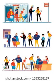 People queuing in supermarket waiting bus checkout lining up for atm cash flat horizontal sets vector illustration