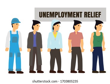 People queuing up for unemployment relief. Financial welfare assistance concept. Vector illustration.