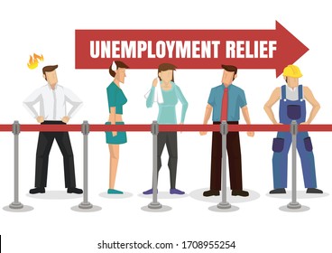 People Queuing Up For Unemployment Relief. Financial Welfare Assistance Concept. Vector Illustration.