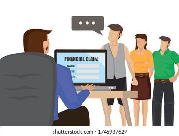 People queuing up for unemployment relief. Financial welfare assistance concept. Vector illustration.