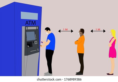 People queuing to withdraw money from the ATM, 2 of them wait while one withdraws their money, respecting the new rules of health and social distancing to avoid the spread of the coronavirus
