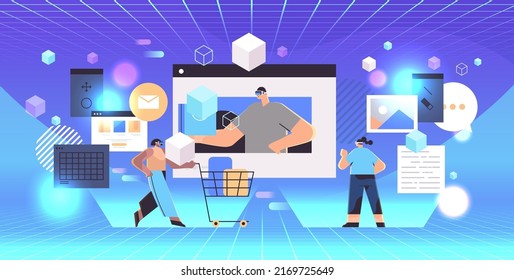 personas en gafas usando aplicación de compras en línea aplicación de visión de realidad virtual auriculares de cabeza de innovación metástasis