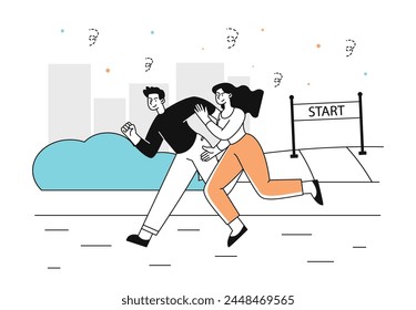 Personas en competición lineal. Hombre y mujer corren a la meta. Estilo de vida activo y deportes. Evento deportivo y torneo. Doodle Ilustración vectorial plana aislada sobre fondo blanco