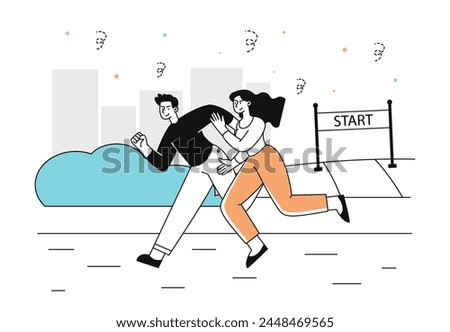 People at race competition linear. Man and woman run to finish line. Active lifestyle and sports. Sportive event and tournament. Doodle flat vector illustration isolated on white background