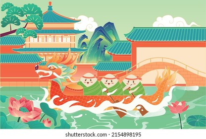 People racing dragon boats in the river during the Dragon Boat Festival with buildings and ancient bridges in the background, vector illustration