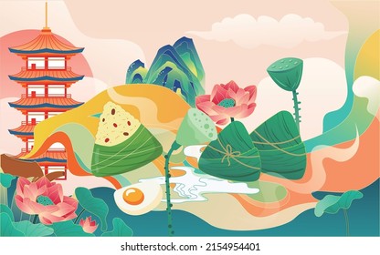 People racing dragon boats in the river during the Dragon Boat Festival with buildings and zongzi in the background, vector illustration