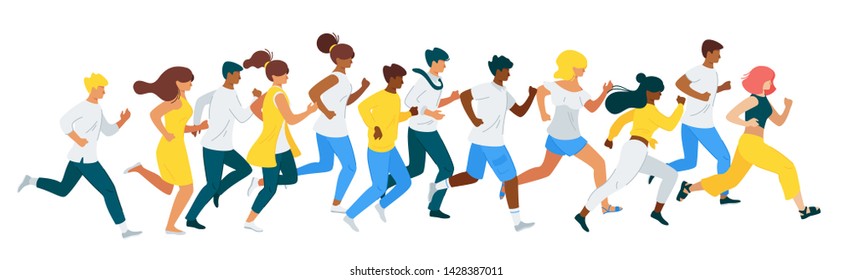 People racing flat vector characters set. Marathon, group of diverse people running together. Leadership race, pursuit metaphor. Healthy lifestyle, men and women jogging isolated cliparts pack