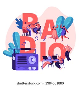People and Radio Concept. Male and Female Characters Listen Music and News, Dance, Radio Host Broadcasting and Communicate with Listeners Poster, Banner, Brochure. Cartoon Flat Vector Illustration