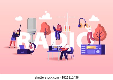 People and Radio Concept. Male and Female Radio Dj Characters in Headset Speak to Microphones, Broadcasting Program on Air and Communicate with Walkie Talkie Poster Banner. Cartoon Vector Illustration