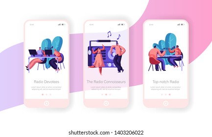 People and Radio Concept for Website or Web Page, Radio Host Broadcasting and Communicate with Listeners, News, Music, Dancing, Mobile App Page Onboard Screen Set, Cartoon Flat Vector Illustration