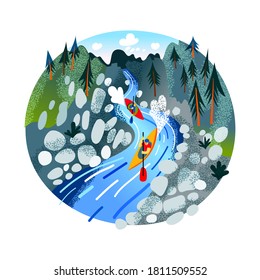 People rafting, kayaking or canoeing in fast mountain river. Extreme sport adventure at wild nature scene. Vector character illustration of active lifestyle, enjoy tourism, danger leisure outdoor