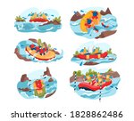 People rafting on river vector illustration set. Cartoon flat man woman active team of characters sitting in rubber boat, holding oars, canoeing. Rafting water extreme sport activity isolated on white