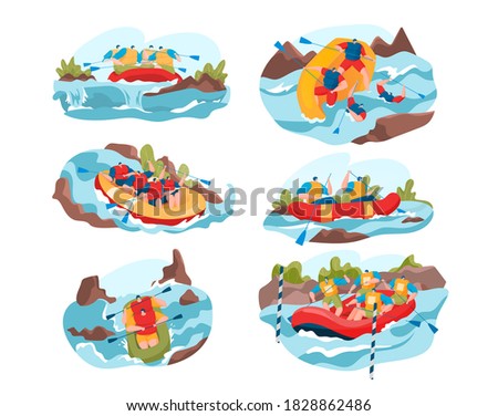 People rafting on river vector illustration set. Cartoon flat man woman active team of characters sitting in rubber boat, holding oars, canoeing. Rafting water extreme sport activity isolated on white