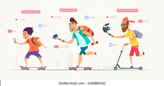 People raid on skateboards or scooters and shooting video blogs. Collection of active bloggers characters . Modern vector cartoon illustration