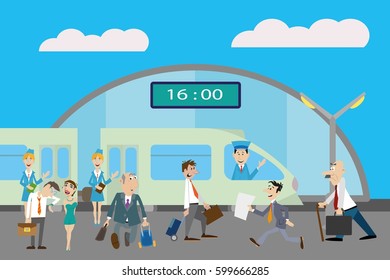 people at the railway station. to Board the train. vector illustration.