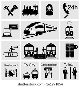 People at the railway station - set of vector icons. Black and white images.