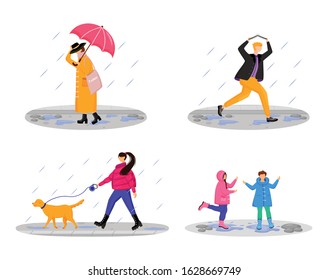 People in rain flat color vector faceless characters set. Walking caucasian humans. Rainy day. Playing children. Men and women in raincoats isolated cartoon illustrations on white background