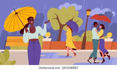 People in rain. Men and women with yellow umbrellas walk outdoor. Autumn and fall season. Young guys and girls walk in city park in wet and windy weather. Cartoon flat vector illustration