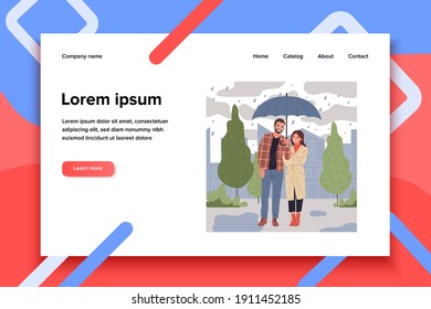 People in rain vector illustration. Happy couple in raincoats standing under umbrella on city street. Rainy day image for weather, relationship, protection concept