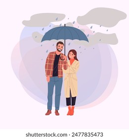 People in rain vector illustration. Happy couple in raincoats standing under umbrella on city street. Rainy day, weather, relationship, protection concept