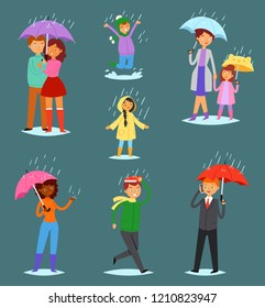 People in rain vector man woman characters in raincoat holding umbrella walking with kids in rainy autumn illustration set of lovely couple outdoor in the fall isolated on rainwater background