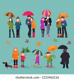 People in rain vector man woman characters holding umbrella walking with kids dog in autumn rainy weather with leaves illustration set of lovely couple outdoor in the fall isolated on background