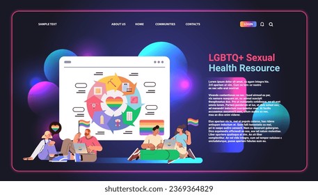 personas con banderas de arco iris discutiendo sobre salud sexual LGBTQ recurso de salud sexual concepto de sexualidad humana