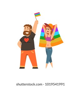People with rainbow flags, lgbt community celebrating gay pride cartoon vector Illustration
