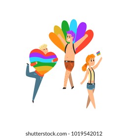 People with rainbow flags and symbols, lgbt community celebrating gay pride cartoon vector Illustration