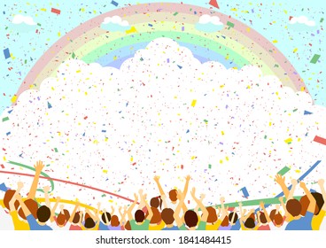 a lot of people and rainbow sky