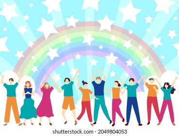 a lot of people and  rainbow sky