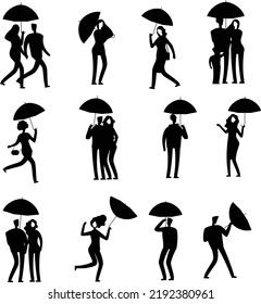 Personajes impermeables de la lluvia personajes Vector Silhouettes