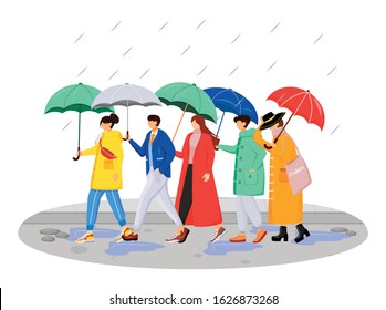 People in raincoats flat color vector faceless characters. Walking caucasian humans with umbrellas. Rainy day. Men and women on road isolated cartoon illustration on white background