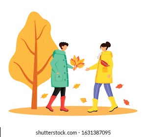 People in raincoats flat color vector faceless character. Walking caucasian couple in gumboots. Autumn nature. Rainy day. Male with lives in hand isolated cartoon illustration on white background