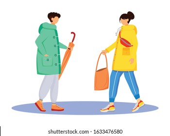 People in raincoats flat color vector faceless characters. Walking caucasian humans. Rainy day. Male with umbrella. Female with bag in hand isolated cartoon illustration on white background
