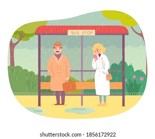 People in rainy weather at bus stop. Man and woman under shelter roof. Traveling in transport vector illustration. Girl with phone and man in coats waiting for public bus in autumn.