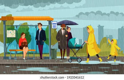 People in rainy weather at bus stop. Man and woman under umbrella, girl and businessman sheltering under roof, mother in raincoat with child and stroller. Traveling in transport vector illustration.