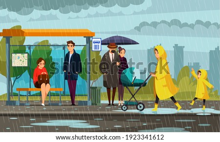 People in rainy weather at bus stop. Man and woman under umbrella, girl and businessman sheltering under roof, mother in raincoat with child and stroller. Traveling in transport vector illustration.