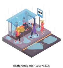 People in rainy weather hiding from downpour at bus stop isometric composition vector illustration