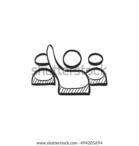 People raise hand icon in doodle sketch lines. Business finance buying auction student answer