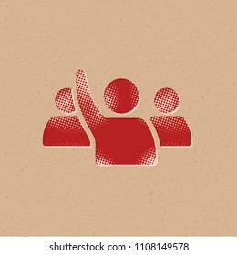 People raise hand icon in halftone style. Grunge background vector illustration.