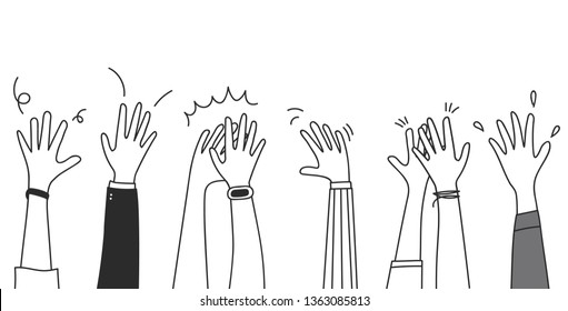 People raise hands up applause clapping for vote volunteer and cheering concept. Doodle vector design.