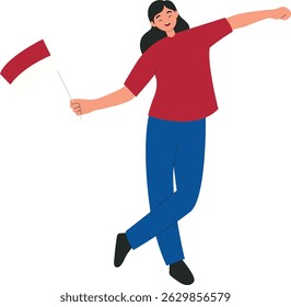People Raise Indonesian Flag to Celebrate Indonesian Independence Day. Flat Vector Illustration