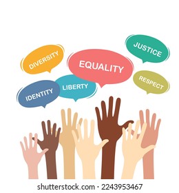 People raise their hands to demand rights. Diversity, Equality, Justice, Liberty, Respect, and Identity. Vector illustration.